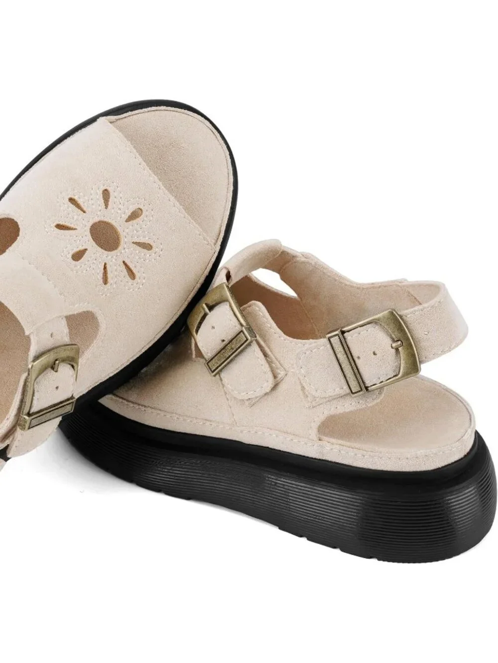 Women's Beige Flat Open Toe Flower Decoration Fisherman Platform Sandal Shoes